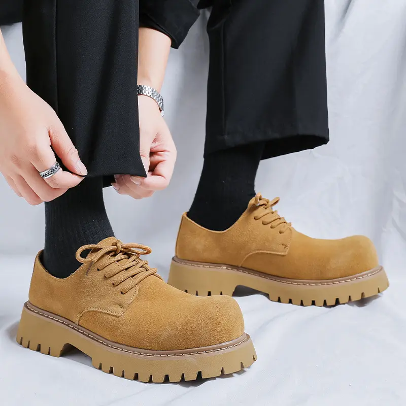 British style men casual cowboy suede leather shoes lace-up derby shoe outdoors desert platform sneakers street youth footwear