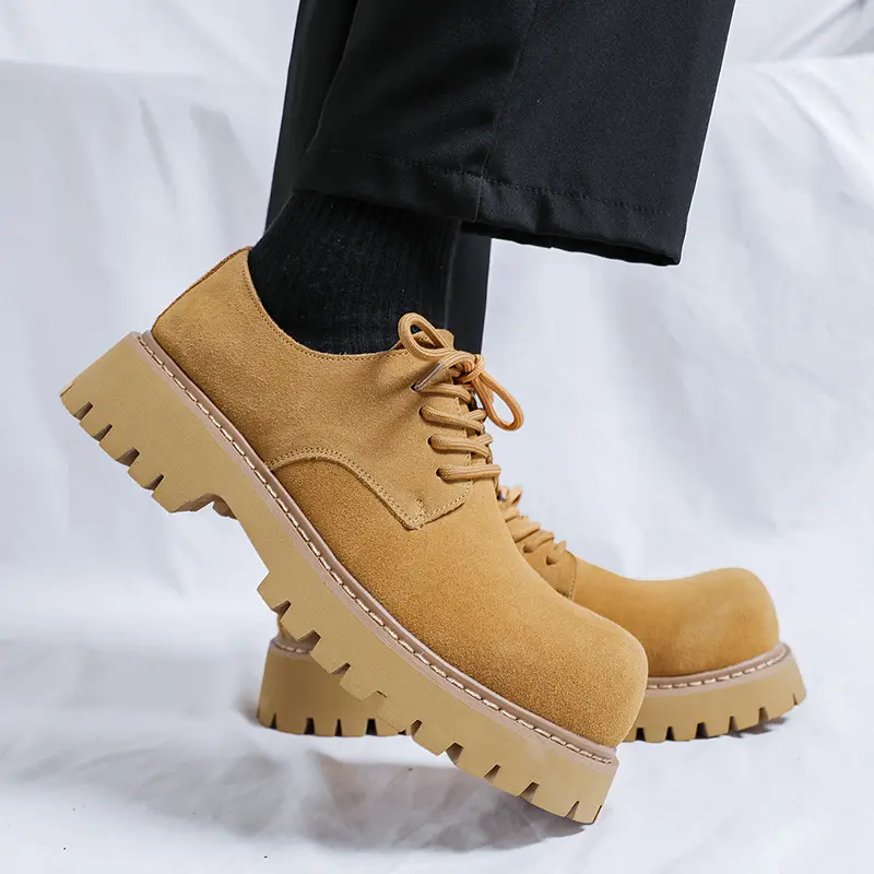British style men casual cowboy suede leather shoes lace-up derby shoe outdoors desert platform sneakers street youth footwear