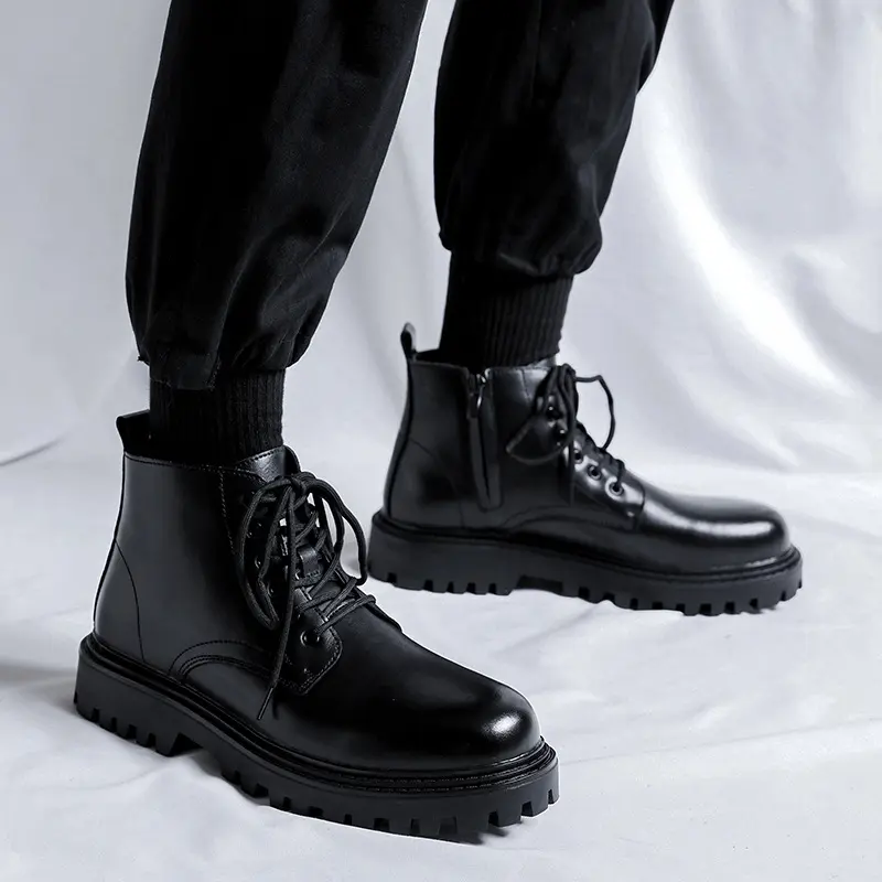 men's casual platform boots lace-up genuine leather shoes business office dress black trendy ankle boot spring autumn botas mans