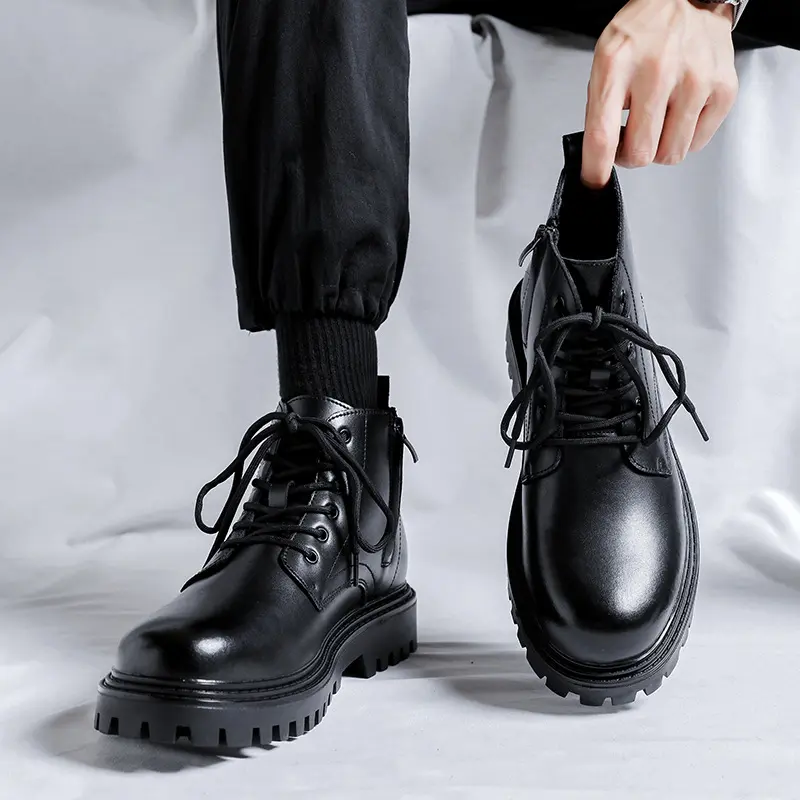 men's casual platform boots lace-up genuine leather shoes business office dress black trendy ankle boot spring autumn botas mans