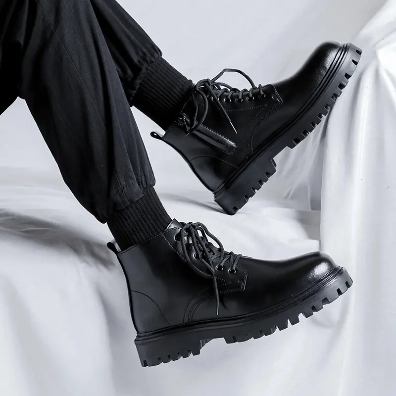 men's casual platform boots lace-up genuine leather shoes business office dress black trendy ankle boot spring autumn botas mans
