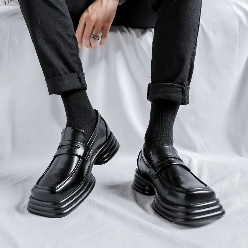 men luxury fashion genuine leather shoes slip-on platform shoe brand designer square toe summer loafers punk rock dress footwear