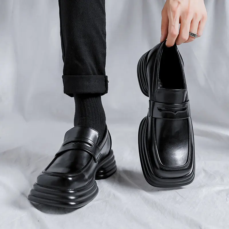 men luxury fashion genuine leather shoes slip-on platform shoe brand designer square toe summer loafers punk rock dress footwear