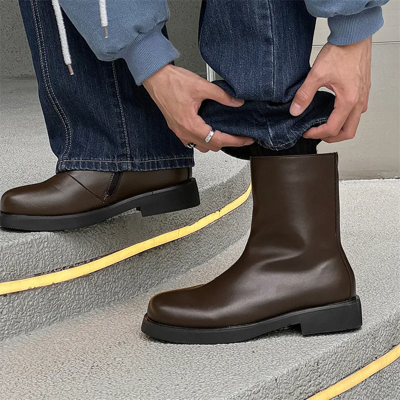 England mens fashion party nightclub high chelsea boots brown genuine leather shoes cowboy platform boot high motorcycle botas