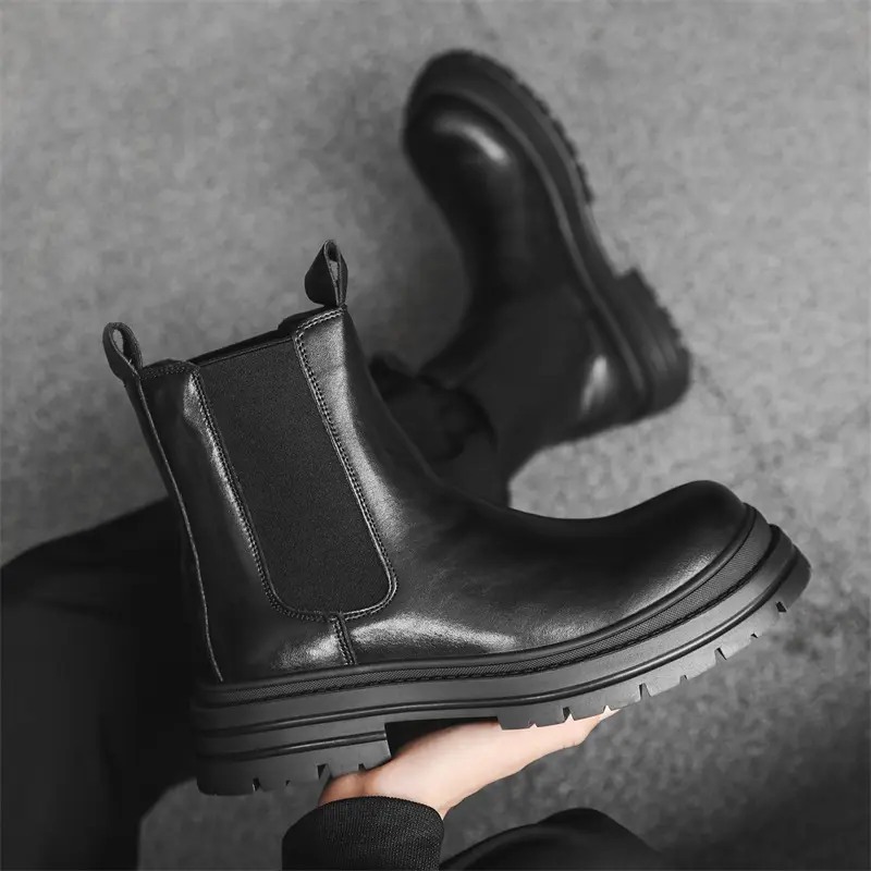 men fashion high chelsea boots slip-on genuine leather shoes stage nightclub cowboy platform boot handsome long motorcycle botas