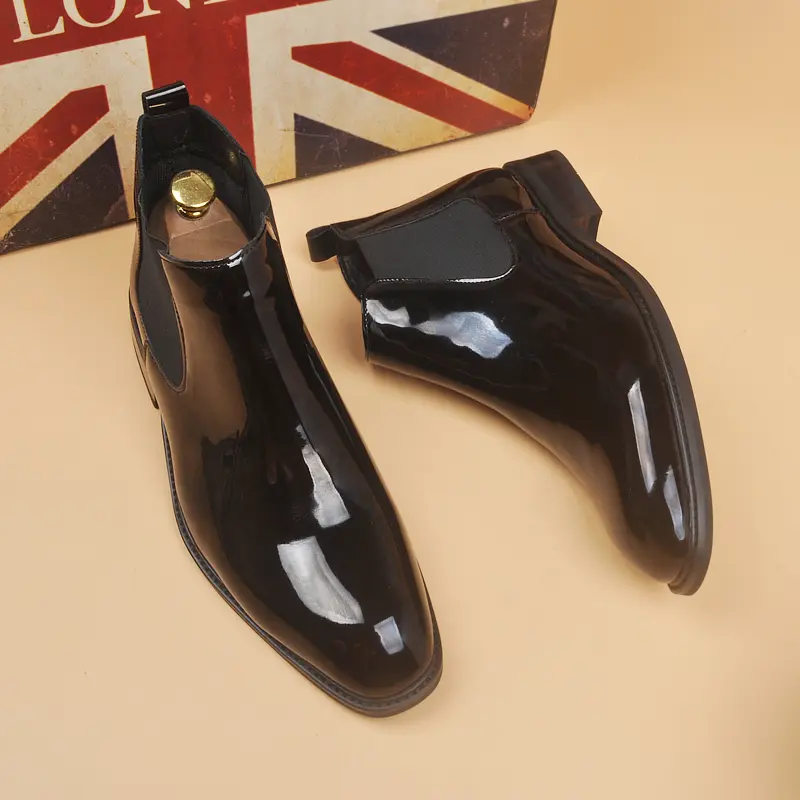 men's casual business wedding chelsea boots black trendy patent leather shoes square toe cowboy ankle boot spring autumn botas