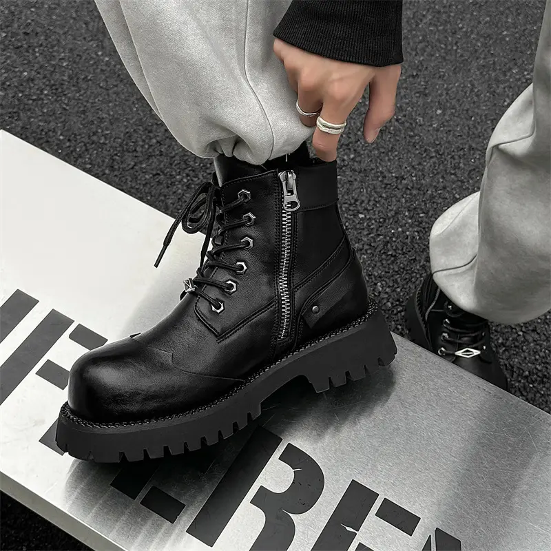 men's fashion natural leather boots lace-up autumn winter shoes cowboy ankle boot party nightclub handsome high motorcycle botas