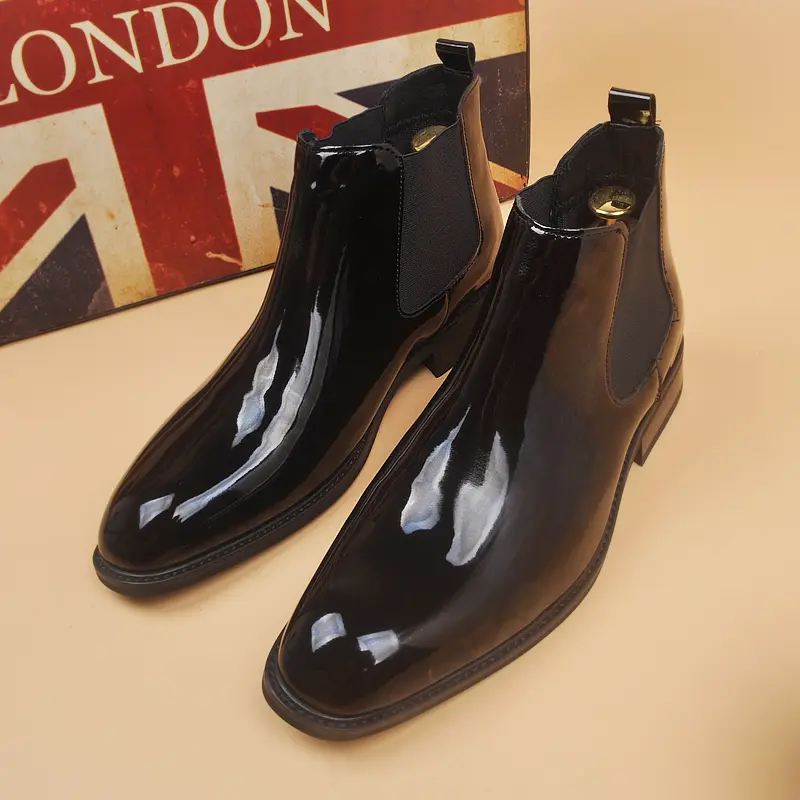 men's casual business wedding chelsea boots black trendy patent leather shoes square toe cowboy ankle boot spring autumn botas