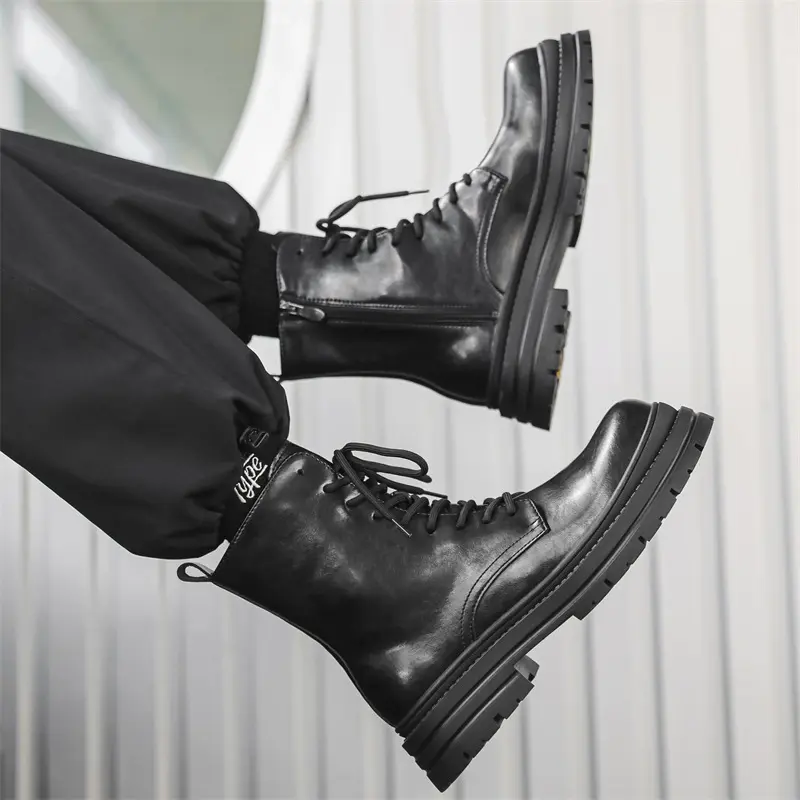 British style mens fashion high motorcycle boots lace-up genuine leather shoes cowboy platform boot handsome long knight botas