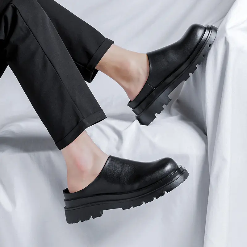 men casual summer half shoes breathable non-slip chef shoe original leather cook loafers black trendy platform footwear zapatos