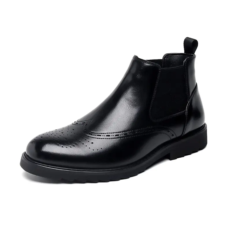 mens fashion wedding party dress chelsea boots carved brogue shoes cowboy genuine leather boot black grey cool ankle botas male
