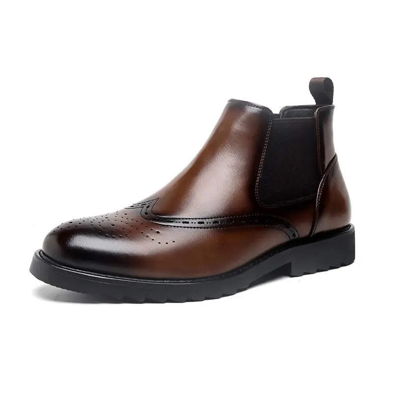 mens fashion wedding party dress chelsea boots carved brogue shoes cowboy genuine leather boot black grey cool ankle botas male