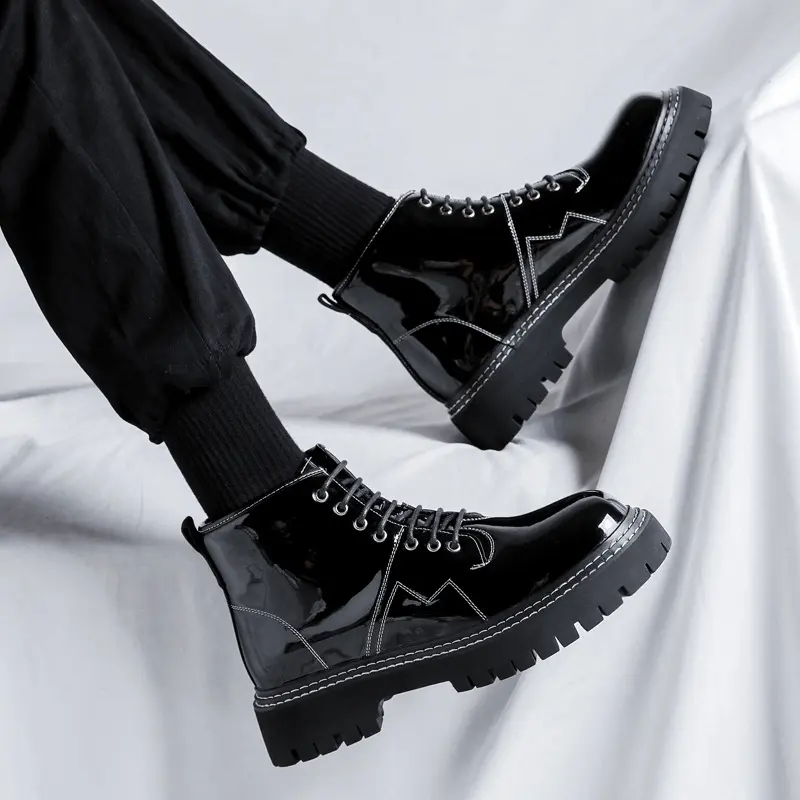 mens leisure platform boots black trend patent leather shoes party prom dress cowboy ankle boot spring autumn short botas hombre