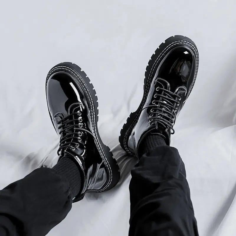 mens leisure platform boots black trend patent leather shoes party prom dress cowboy ankle boot spring autumn short botas hombre