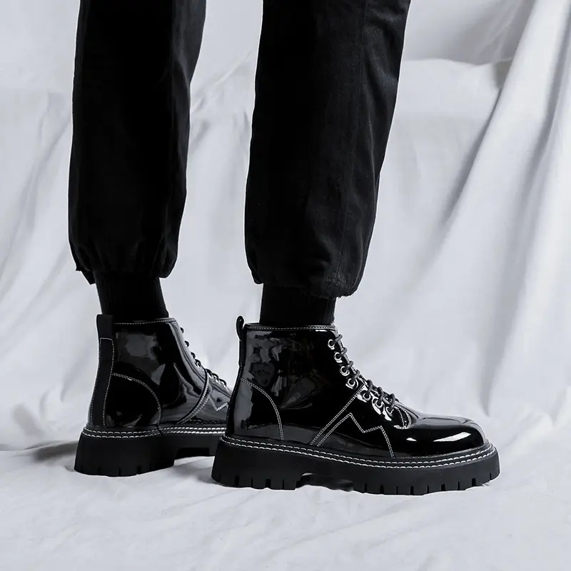 mens leisure platform boots black trend patent leather shoes party prom dress cowboy ankle boot spring autumn short botas hombre