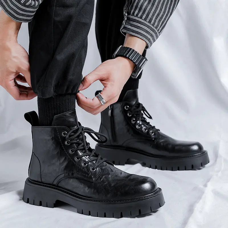 British style mens fashion platform boots black brown natural leather shoes cowboy ankle boot spring autumn short botas hombre