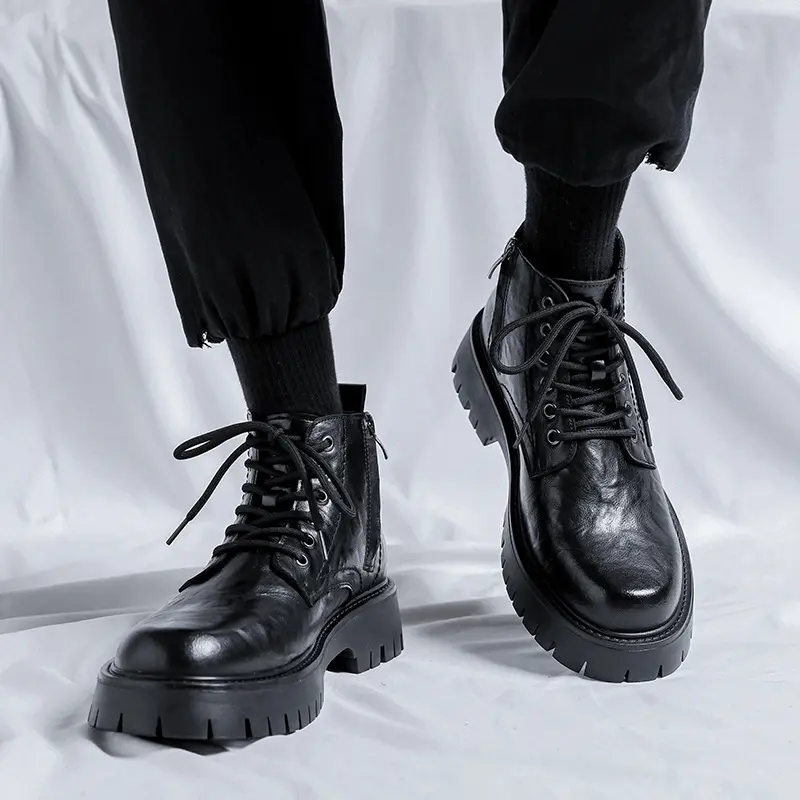 British style mens fashion platform boots black brown natural leather shoes cowboy ankle boot spring autumn short botas hombre