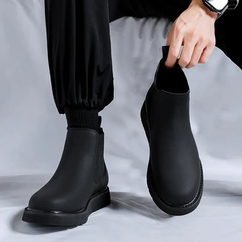 men's casual chelsea boots original leather flats shoes black stylish cowboy ankle boot business dress spring autumn short botas