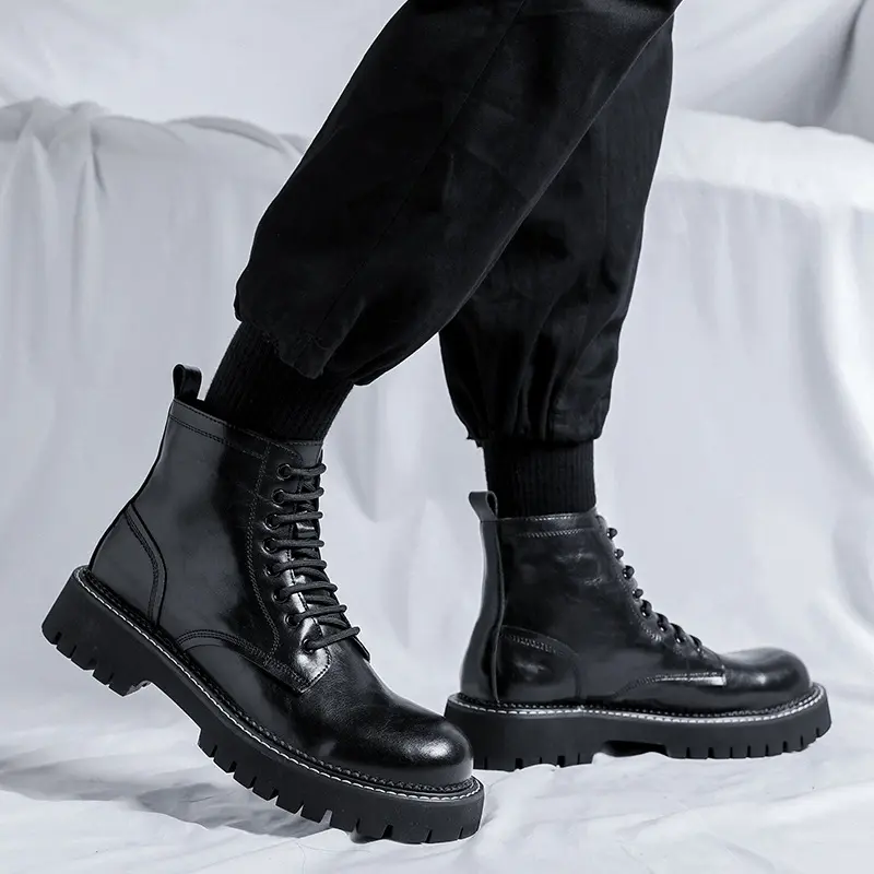 British style men casual genuine leather boots lace-up platform shoes business office dress cowboy boot black tide ankle botas