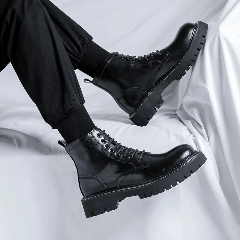 British style men casual genuine leather boots lace-up platform shoes business office dress cowboy boot black tide ankle botas