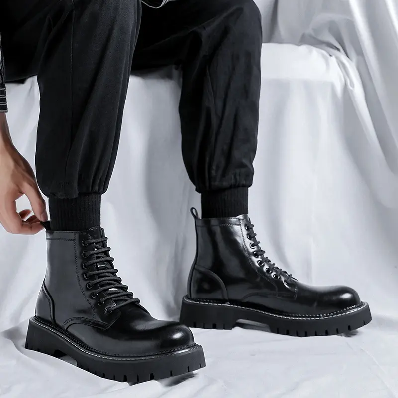 British style men casual genuine leather boots lace-up platform shoes business office dress cowboy boot black tide ankle botas