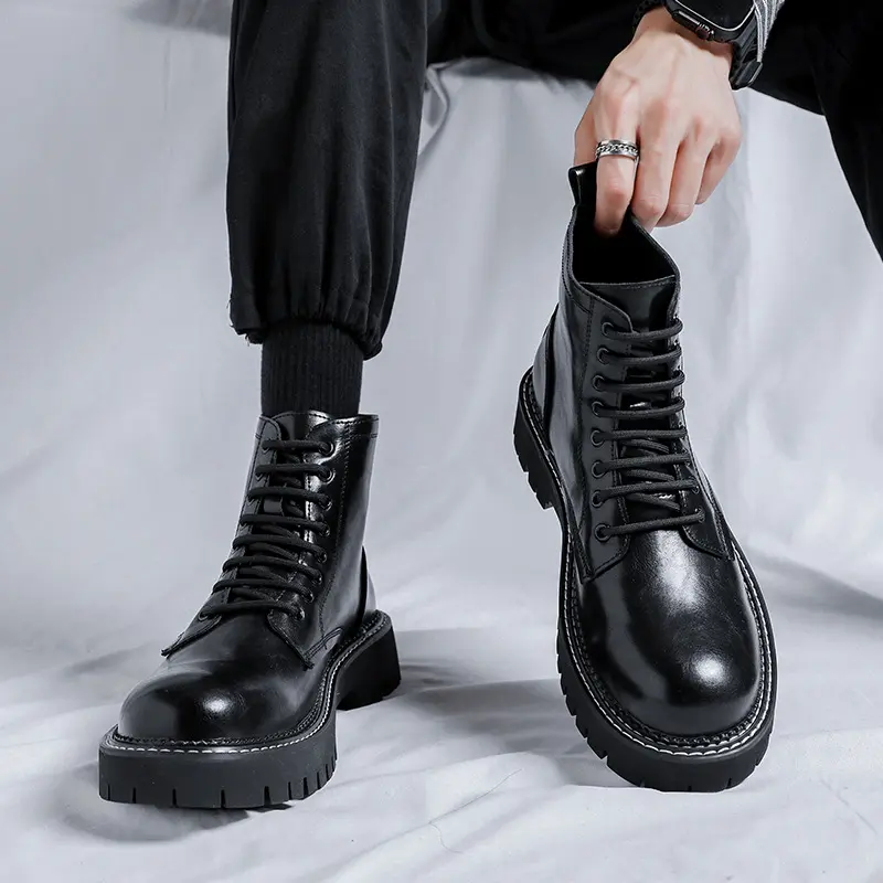 British style men casual genuine leather boots lace-up platform shoes business office dress cowboy boot black tide ankle botas