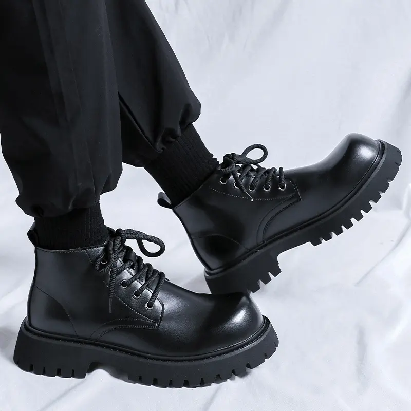 men's casual business office platform boots lace-up natural leather shoes cowboy ankle boot black trendy autumn winter botas man