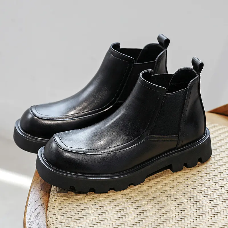 men casual business office chelsea boots black stylish genuine leather shoes cowboy platform boot spring autumn ankle botas mans