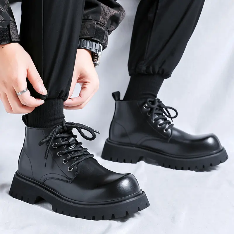 men's casual business office platform boots lace-up natural leather shoes cowboy ankle boot black trendy autumn winter botas man