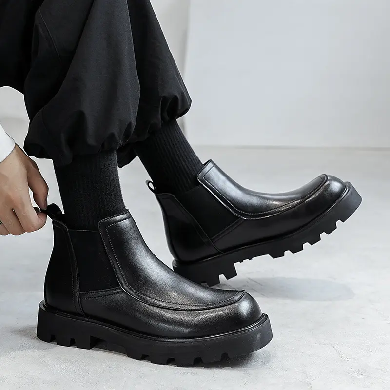 men casual business office chelsea boots black stylish genuine leather shoes cowboy platform boot spring autumn ankle botas mans