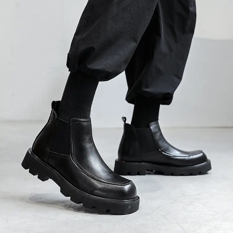 men casual business office chelsea boots black stylish genuine leather shoes cowboy platform boot spring autumn ankle botas mans