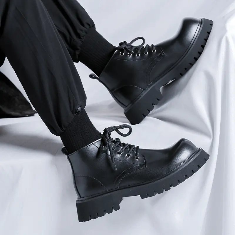 men's casual business office platform boots lace-up natural leather shoes cowboy ankle boot black trendy autumn winter botas man