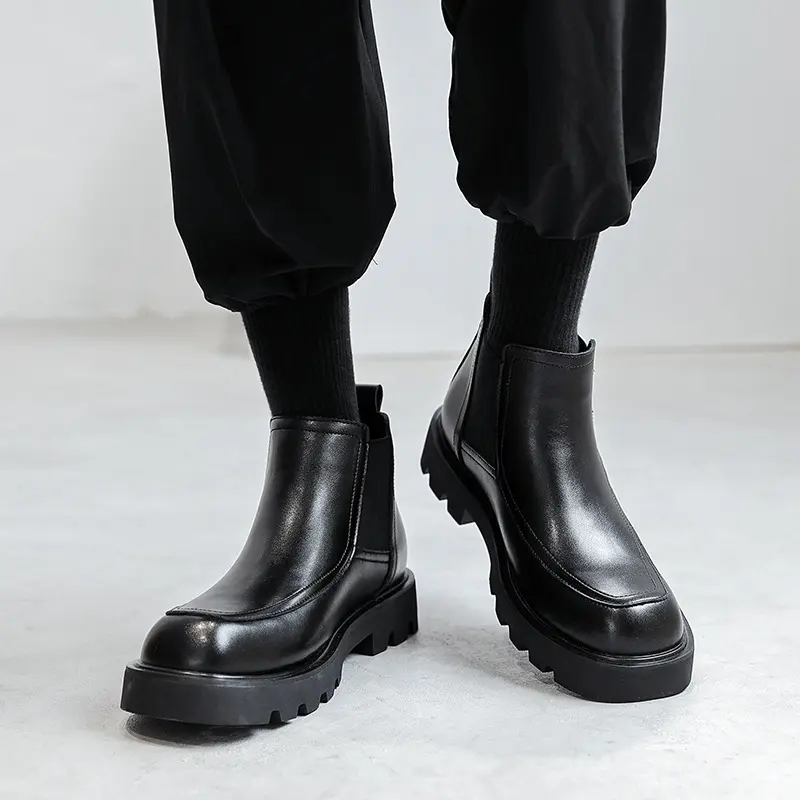 men casual business office chelsea boots black stylish genuine leather shoes cowboy platform boot spring autumn ankle botas mans