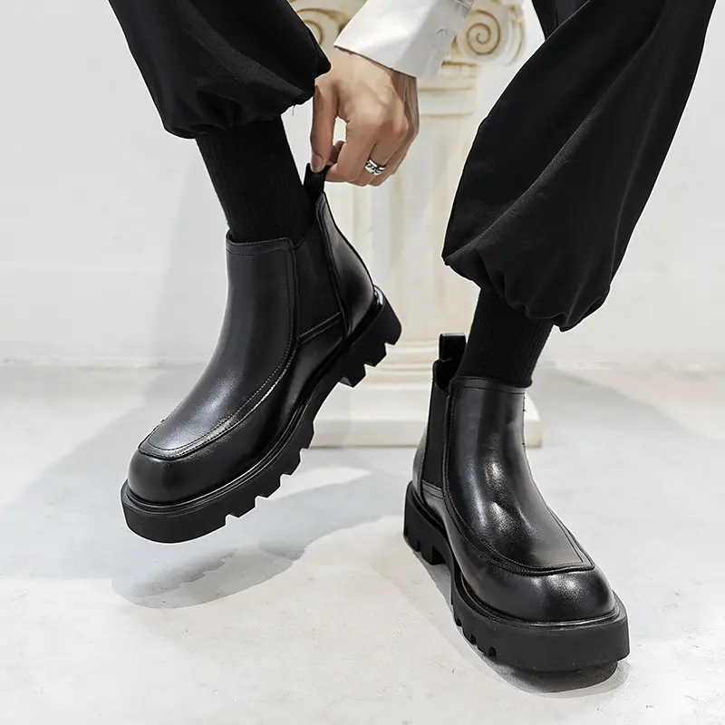 men casual business office chelsea boots black stylish genuine leather shoes cowboy platform boot spring autumn ankle botas mans