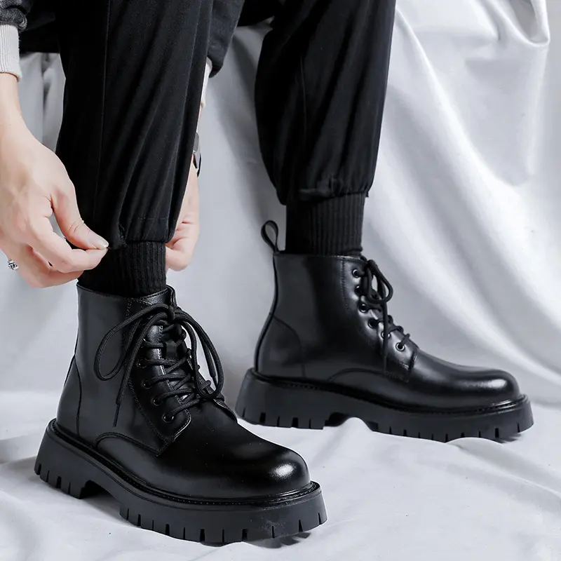 men casual platform boots lace-up original leather shoes business office dress cowboy ankle boot breathable spring autumn botas