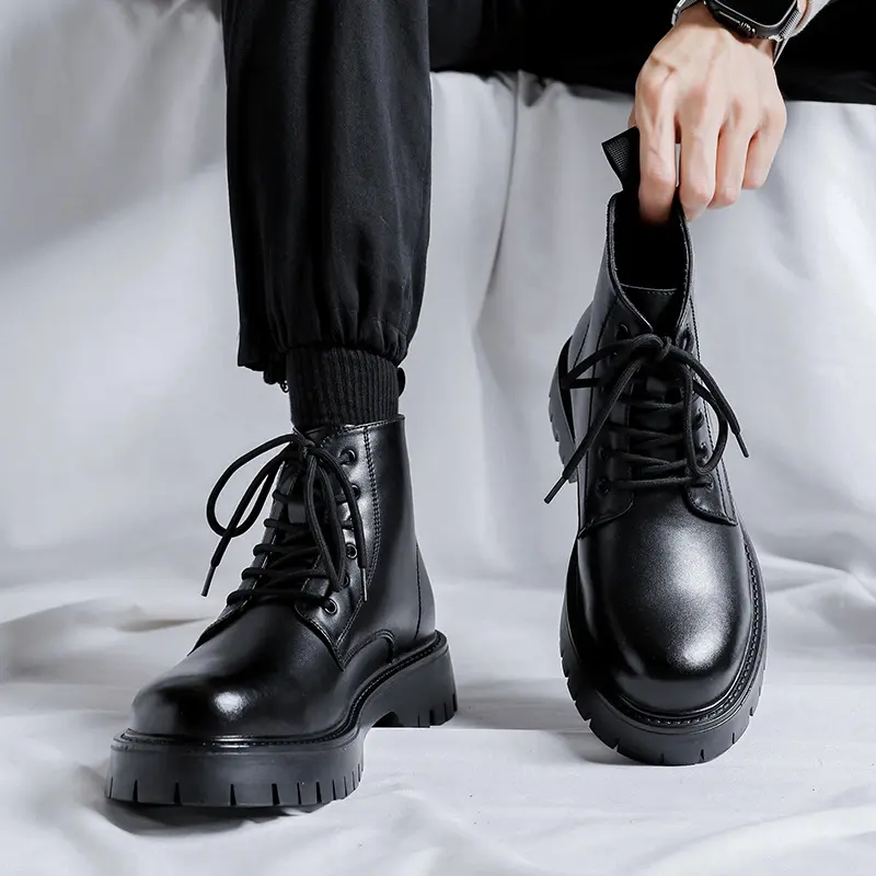 men casual platform boots lace-up original leather shoes business office dress cowboy ankle boot breathable spring autumn botas