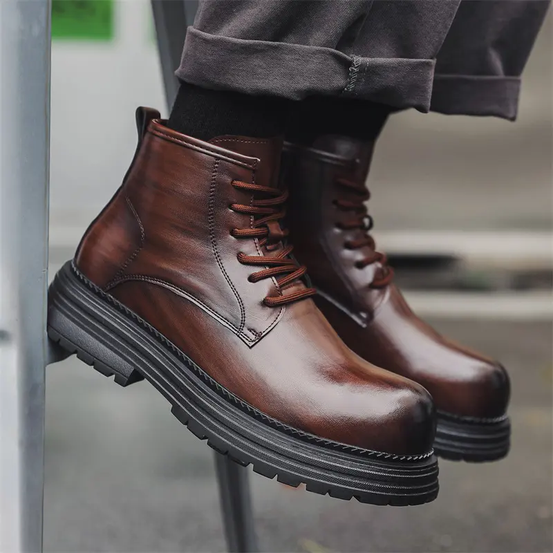 British style mens casual platform boots black brown genuine leather shoes cowboy ankle boot party banquet motorcycle botas male