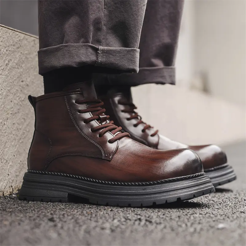 British style mens casual platform boots black brown genuine leather shoes cowboy ankle boot party banquet motorcycle botas male