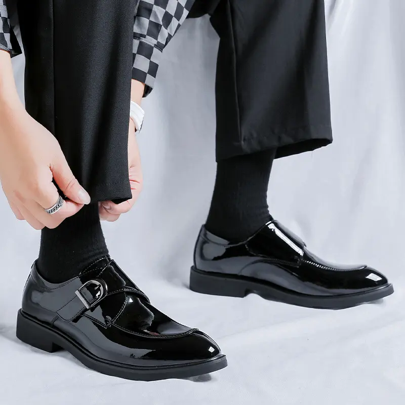 men casual wedding party patent leather shoes point toe buckle monk shoe black stylish breathable loafers designer footwear mans