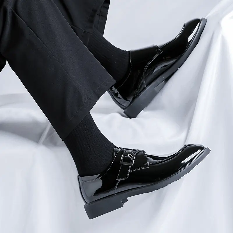 men casual wedding party patent leather shoes point toe buckle monk shoe black stylish breathable loafers designer footwear mans