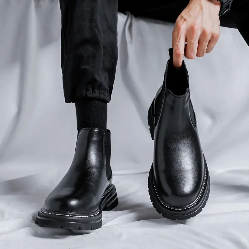 mens casual chelsea boots original leather shoes business office dress cowboy platform ankle boot black stylish short botas male