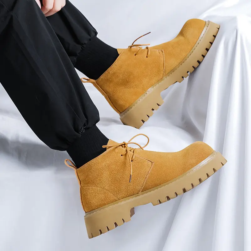men's casual cow suede leather boots lace-up platform shoes cowboy tooling desert boot outdoors spring autumn ankle work botas