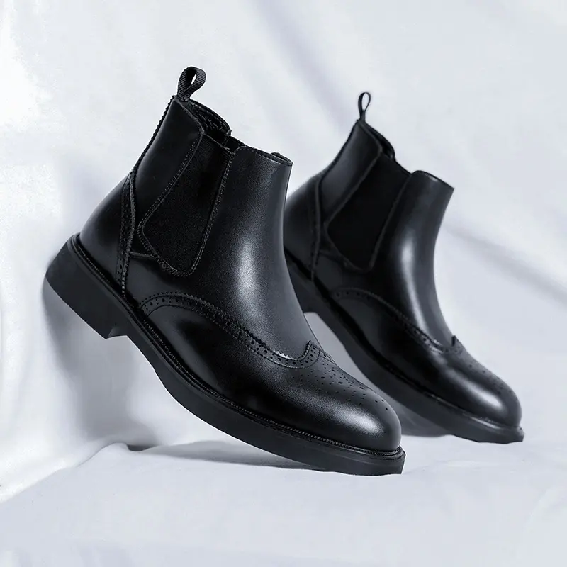 mens fashion chelsea boots black stylish carved brogue shoes business office dress original leather boot gentleman ankle botas
