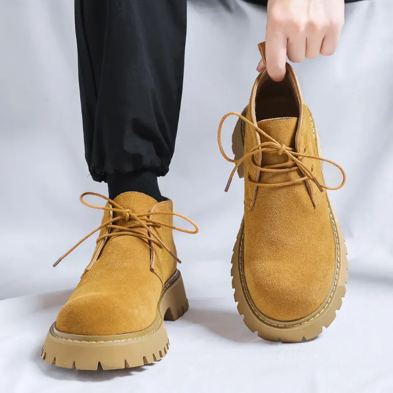 men's casual cow suede leather boots lace-up platform shoes cowboy tooling desert boot outdoors spring autumn ankle work botas