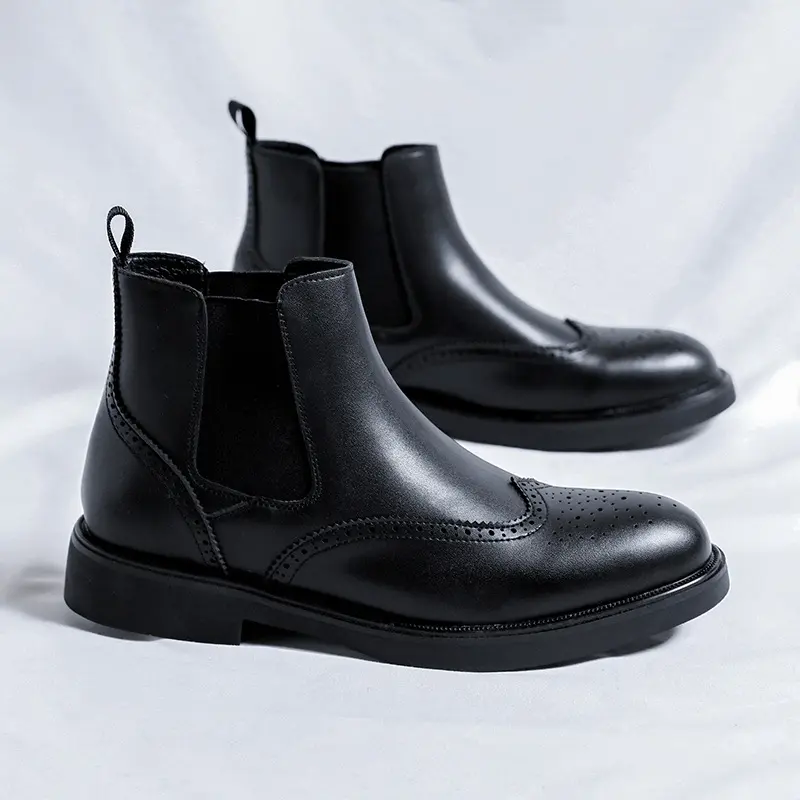 mens fashion chelsea boots black stylish carved brogue shoes business office dress original leather boot gentleman ankle botas