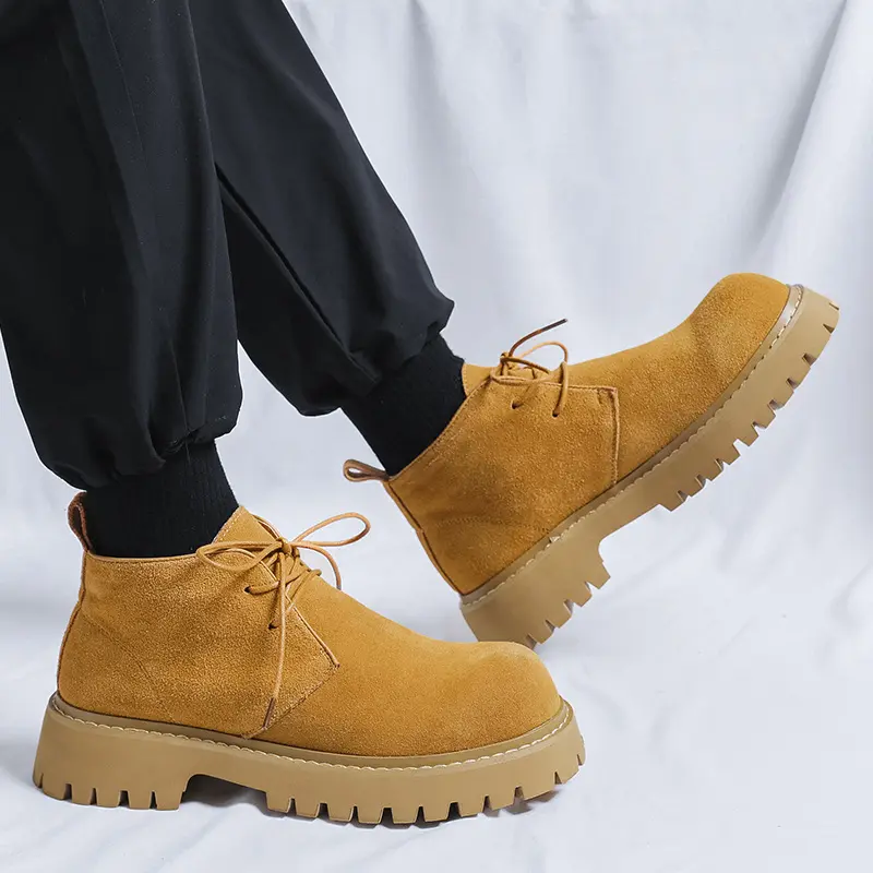 men's casual cow suede leather boots lace-up platform shoes cowboy tooling desert boot outdoors spring autumn ankle work botas