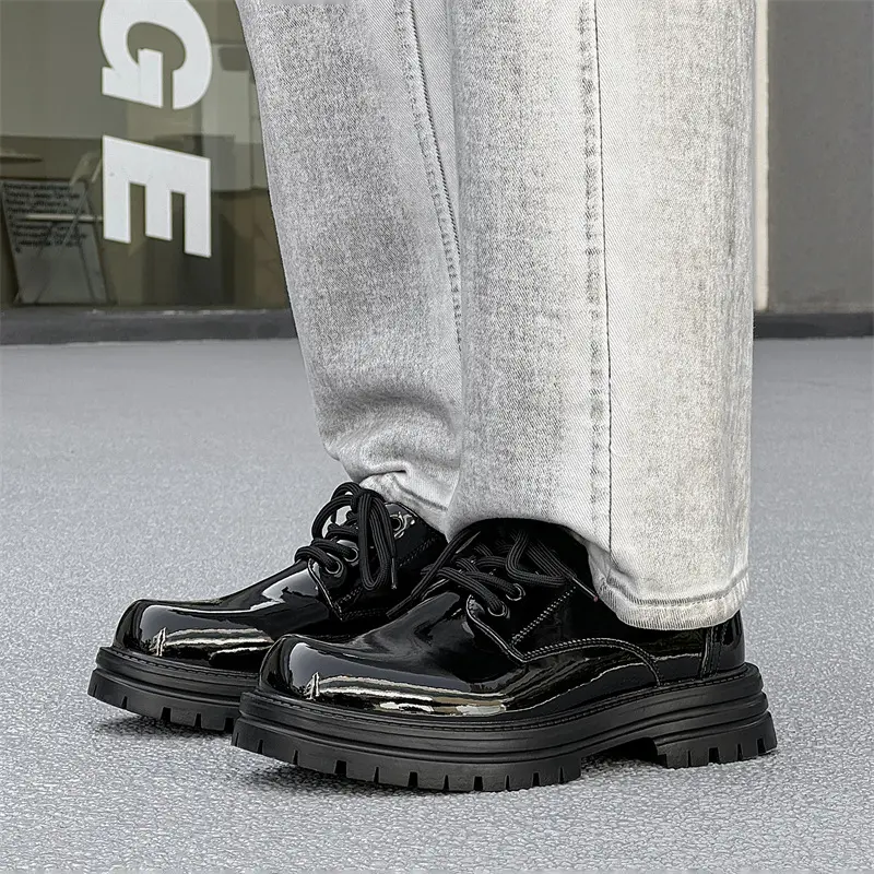 mens fashion business wedding formal dress shoes lace-up patent leather derby shoe black trendy platform sneakers mans footwear