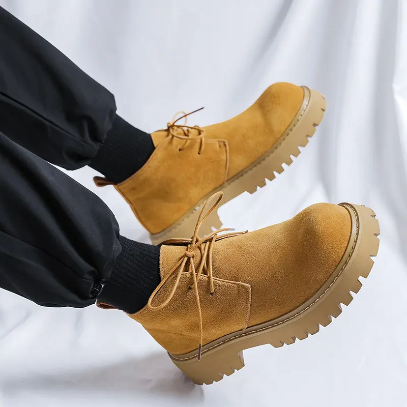 men's casual cow suede leather boots lace-up platform shoes cowboy tooling desert boot outdoors spring autumn ankle work botas