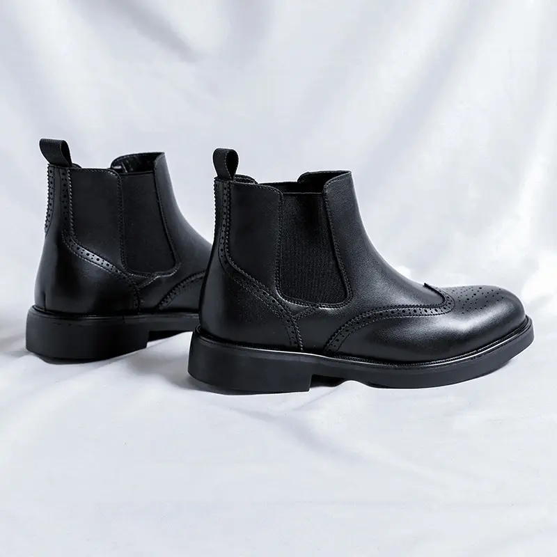 mens fashion chelsea boots black stylish carved brogue shoes business office dress original leather boot gentleman ankle botas