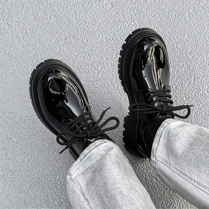 mens fashion business wedding formal dress shoes lace-up patent leather derby shoe black trendy platform sneakers mans footwear